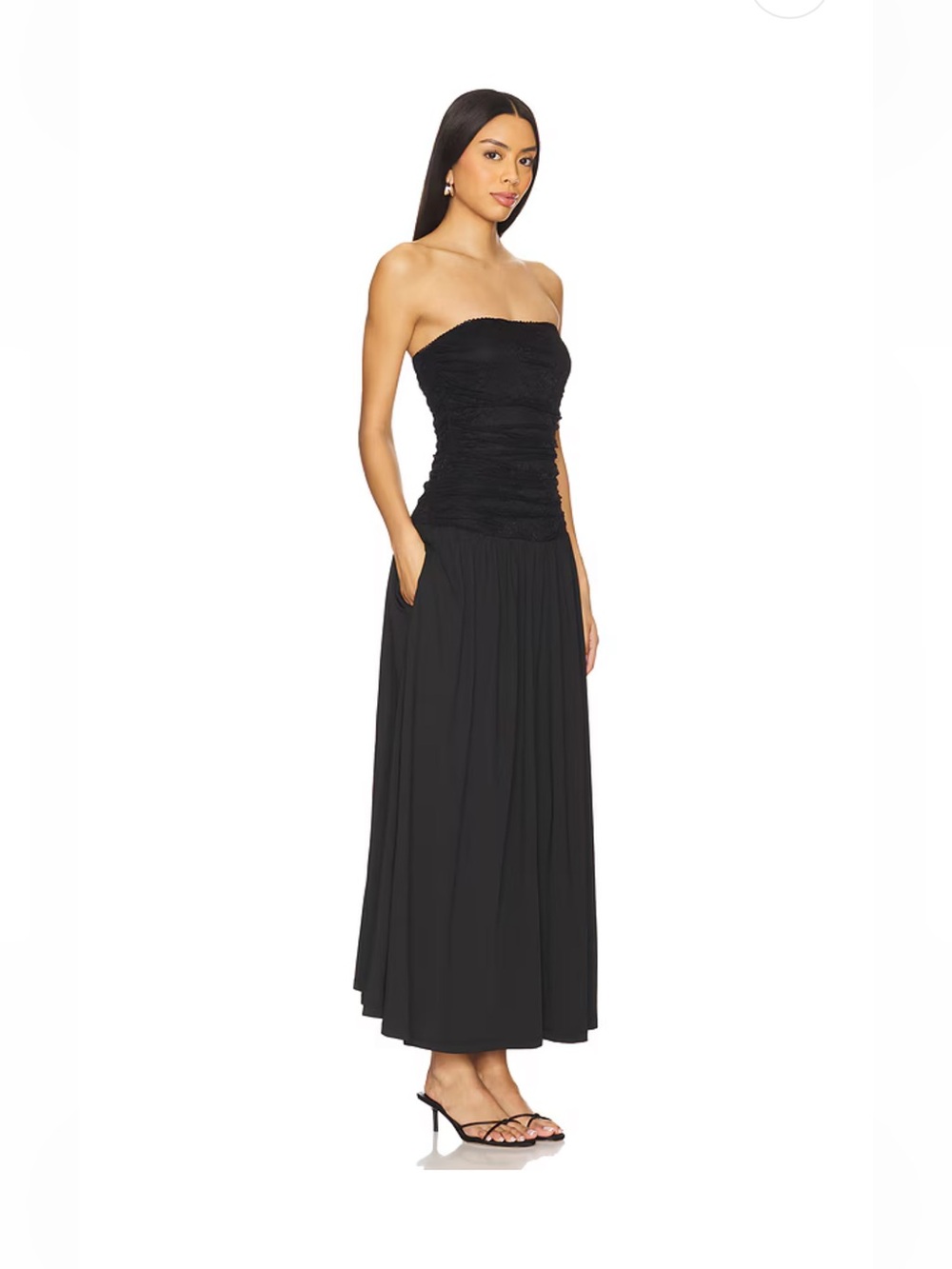 Anthropologie NIA Strapless Black Ruched Gathered Drop Waist Maxi Dress M